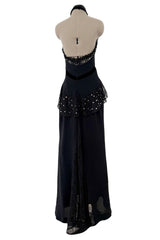 Phenomenal 1997 Christian Lacroix Black Silk Halter Dress w Rhinestone & Velvet Detailing