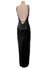 Exceptional Fall 2000 Richard Tyler Couture Plunging Front & Open Back Sculpted Black Ultrasoft Leather Dress