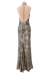 Fall 2015 Ralph Lauren Purple Label Runway Finale Look 43 Bronze Sequin Halter Dress w Open Back