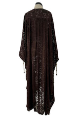 Rare 1960s Thea Porter Couture Brown Silk Open Caftan w Belt & Gold Tassles