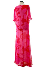 Dreamiest 1990s Yves Saint Laurent Oversized Floral Print Pink & Red Silk Chiffon Caftan Dress