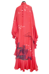 Important Fall 1972 Hanae Mori Couture Ad & Book Piece Silk Chiffon Printed & Ruffled One Sleeve Caftan Dress