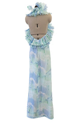 Dreamy Spring 1974 Lanvin by Jules-Francois Crahay Pale Blue Print Silk Chiffon Ruffle Dress