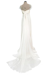 Vintage Valentino White Silk Wedding Dress w Elaborate Trains, Pleating & Extensive Beading Detail