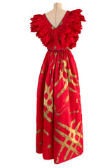 Rare Fall 1981 Fabrice Simon Couture Hand Painted Red & Gold Skirt & Top Dress Set