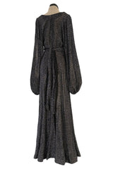 Fabulous 1970s Ossie Clark Metallic Silver & Black Lurex Knit Lame Plunge Dress
