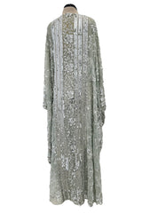 Spectacular 1970s Unlabeled Silver Sequin, Metallic Thread & Faux Pearl Embellished Caftan Dress