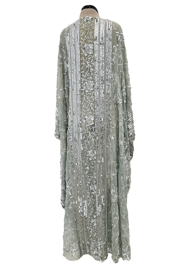 Spectacular 1970s Unlabeled Silver Sequin, Metallic Thread & Faux Pearl Embellished Caftan Dress