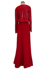 Stunning Fall 1998-99 Giorgio Armani Red Beaded & Sequin Long Skirt & Wrap Top Dress Set
