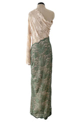 Dreamiest 1970s Geoffrey Beene One Shoulder Soft Blush Pink & Moss Green Corded Lace Dress