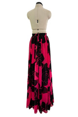 Multifunctional 1970s or 1980s Original Valentino Deep Pink & Black Printed Silk Chiffon Open Front Over Skirt