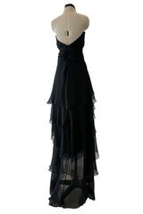 1980s Chanel by Karl Lagerfeld Strapless Black Tiered Silk Chiffon Dress