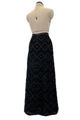 Prettiest 1960s Pierre Balmain Full Length Fused Velvet in Black Silk Geometric Pattern Skirt
