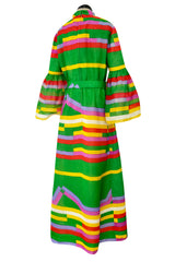 Spectacular 1968 Bill Blass Bright Striped Silk Organza Dress w Original Bow Belt & Bell Sleeves