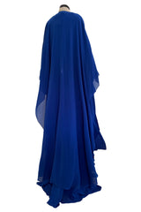 Superb Spring 2013 Yves Saint Laurent Hedi Slimane Debut Runway Blue Dress Silk Chiffon w Matching Cape & Sash