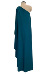 Prettiest 1978 Halston Dark Teal Jersey One Shoulder Draped Full Length Maxi Dress