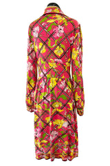 Prettiest 1960s Emilio Pucci Original Pink Silk Jersey Dress w Lattice Flower & Leaf Print