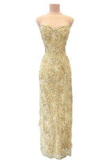 Fabulous 1950s Unlabeled Pearl, Bead & Feather Detailed Yellow Lace Dress w Matching Cape