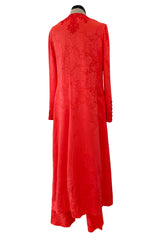1970s Oscar de la Renta Coral Orange Wide Leg Pant & Long Caftan Tunic Set w Silk Cord Detailing