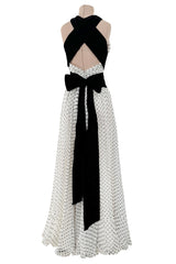 Dreamy Spring 1987 Jacqueline de Ribes Runway & Ad Campaign Silk Chiffon Dot Dress w Black Velvet Bow Detailing