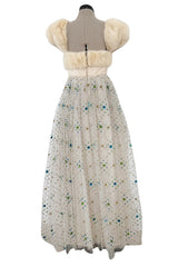 Incredible 1968 Sarmi Ivory Silk Net Dress w Mink Bodice & Metallic Tinsel Dot Detailing