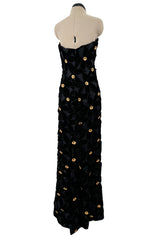 Spectacular 1980s Hubert de Givenchy Haute Couture Velvet Floral Cut Out Dress w Gold Metal Flowers
