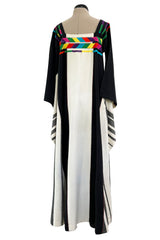 1960s Josefa Hand Embroidered Natural Linen & Black Caftan Dress W Incredible Sleeves