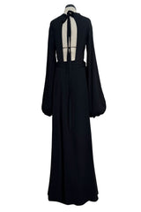 1971 Ossie Clark Couture "Come Fly With Me" Black Moss Crepe Open Back Wrap Dress w Huge Sleeves