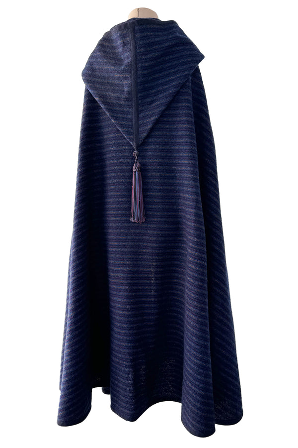 Fabulous  Fall 1976 Yves Saint Laurent Striped Blue Wool Knee Length Cape w Hood & Tassel Detailing