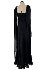 Gorgeous Spring 1989 Bill Blass Runway Black Silk Halter Chiffon w Trailing Shoulder Panels