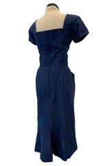 Prettiest 1950s Ceil Chapman Fitted Blue Dress w Hip Pockets & Pleated Bodice Detailing