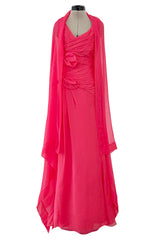 2010s Valentino by Pierpaolo Piccioli & Maria Grazia Chiuri Coral Silk Chiffon Bow Dress w Shawl