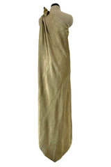 Rare Halston 1976 Couture One Shoulder Gold Metallic Lame Sarong Dress