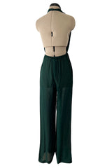 Incredible circa 1973 Halston Couture Green Silk Chiffon Backless & Plunging FrontJumpsuit