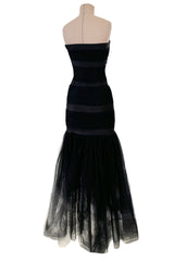 Spring 1987 Yves Saint Laurent Strapless Dotted Silk Net Dress w Rhinestone Detail & Full Lower Skirts