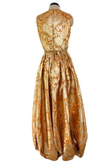Incredible 1960s Unlabeled Gold Metallic Brocade Pouf Leg Jumpsuit w Gold Cord & Bead Detailing
