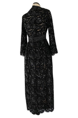 Incredible Fall 1970 Donald Brooks Runway Black Chenille & Sequin Net Lace Dress w Plunge Front
