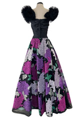 1990s Nina Ricci by Gerard Pipart Haute Couture Black Off Shoulder Dress w Hand Quilted Floral Skirt
