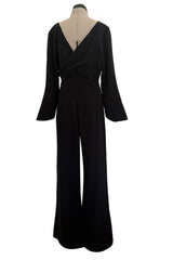 Minimalist Vintage Thierry Mugler Black Wide Legged Jumpsuit w Wrapped Front Detail & Flared Sleeves