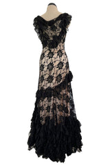 Gorgeous 2010s John Galliano Spanish Influnced Tiered & Ruffled Black Lace Bias Cut Dress