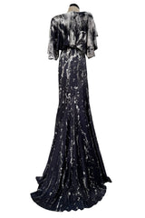 Outstanding Fall 2010 Alexander McQueen Gray Scale Print Silk Dress w Caped Sleeves & Trained Skirt