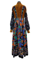 Spectacular 1970s Ronald Amey Demi-Couture Printed Silk, Silk Chiffon & Cut Velvet Dress
