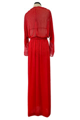Iconic Resort 1980 Runway Fully Hand Beaded on Red Silk Chiffon Halston w Plunge Front