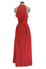 Chic & Minimalist Resort 1974 Halston Vogue Documented Red & White Striped Cotton Plunge Dress Dress