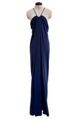 1976 Yuki by Gnyuki Torimaru Deep Blue Jersey Draped Halter Dress w its Matching Jersey Jacket