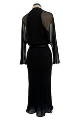 Minimalist Mid-1970s Halston Black Bias Cut Silk Chiffon Wrap Dress w Wide Sleeves