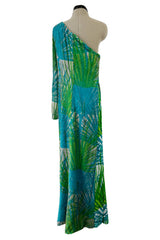 Phenomenal c.1972 La Mendola Hand Beaded Green Printed Caped One Shoulder Silk Jumpsuit