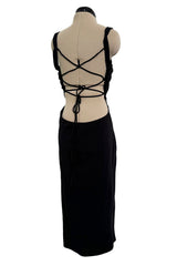 Amazing 1990s Gianni Versace Black Stretch Jersey Dress w Completely Open Lace up Back & Side Slit