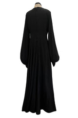 Exceptional 1970s George Stavropoulos Couture Black Silk & Bias Cut Dress w Balloon Sleeves & Flowing Skirt