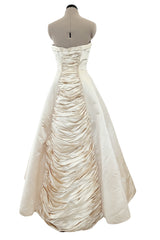 1950s Philip Hulitar Couture Strapless Gathered Front Champagne Ivory Silk Dress w Bow